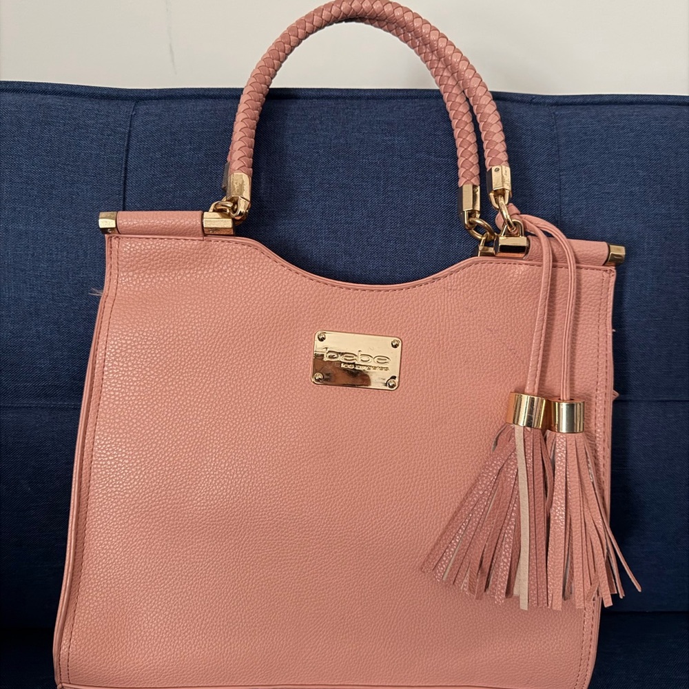 bebe Blush Pink Braided-Handle Tote with Tassels